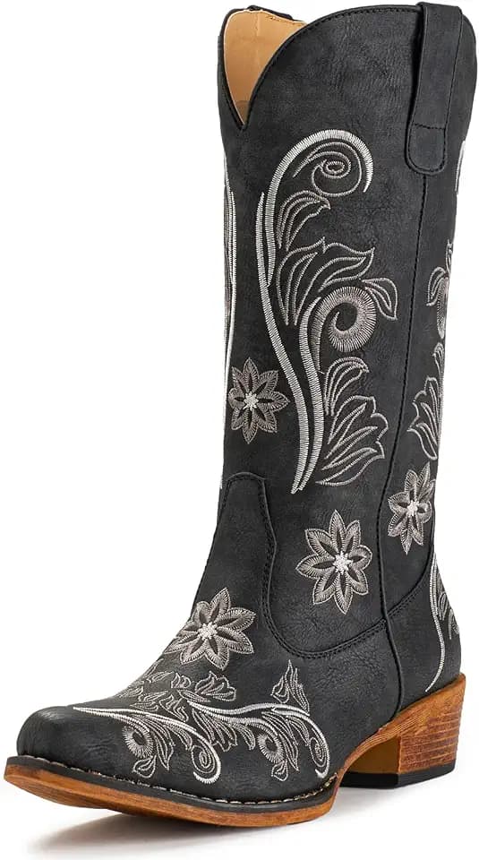 IUV Cowboy Boots For Women Mid Calf Cowgirl Boots Embroidered Pull-On