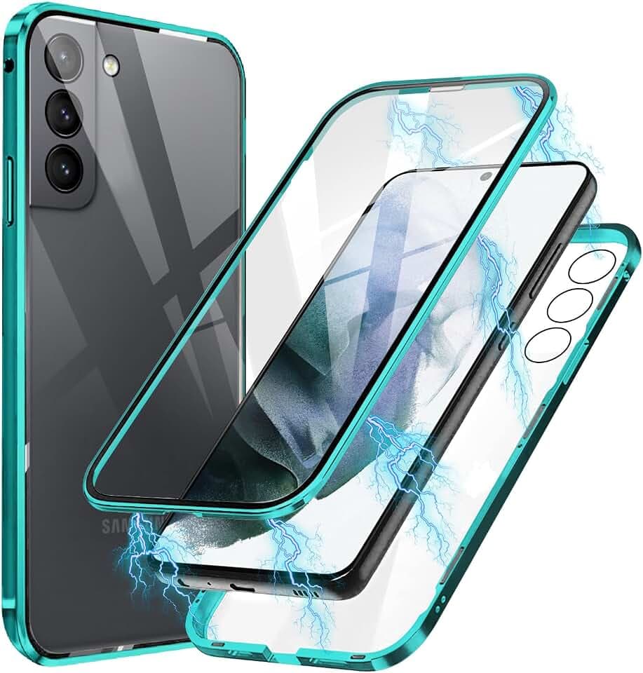 E-Lush Schutzhülle für Samsung Galaxy S21, magnetische Adsorption, Schutzhülle für Samsung S21, 360 Grad Full Body Schutz, doppelseitig, transparent, Hartglas, Flip Cover, Metall, Bumper, Grün