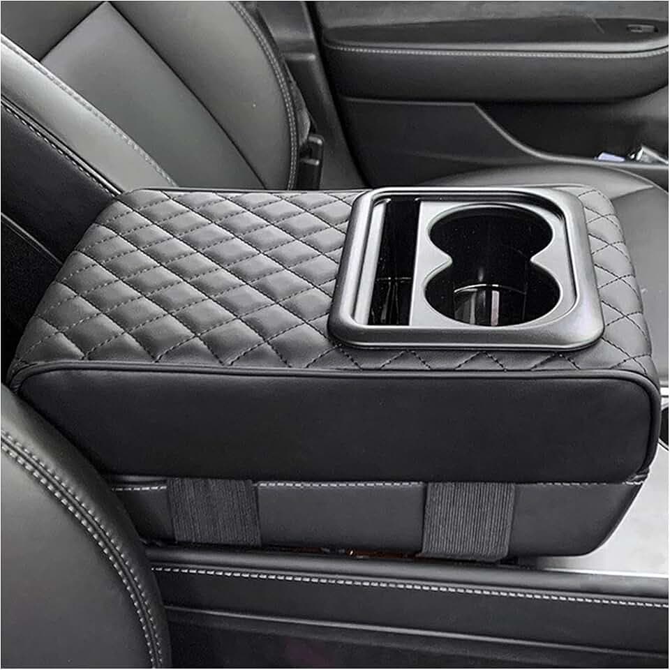 Car Center Console Armrest Pillow, 14"×8.3" Memory Foam Auto Armrest Box Cover with Cup Holder & Phone Holder, Waterproof Leather Arm Rest Protector Cushion, Car Accessories (Diamond Pattern)