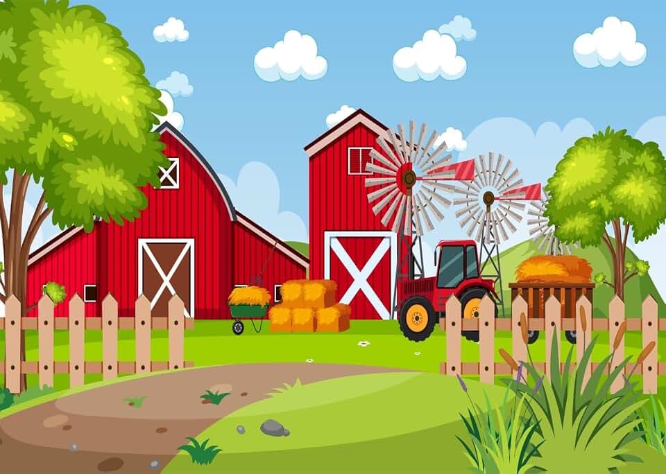 BELECO 7x5ft Fabric Cartoon Farm Barn Backdrop Red Barn Tractor Haystack Farmhouse Background Farm Theme Party Decorations Kids Children Birthday Shoot Photo Studio Props