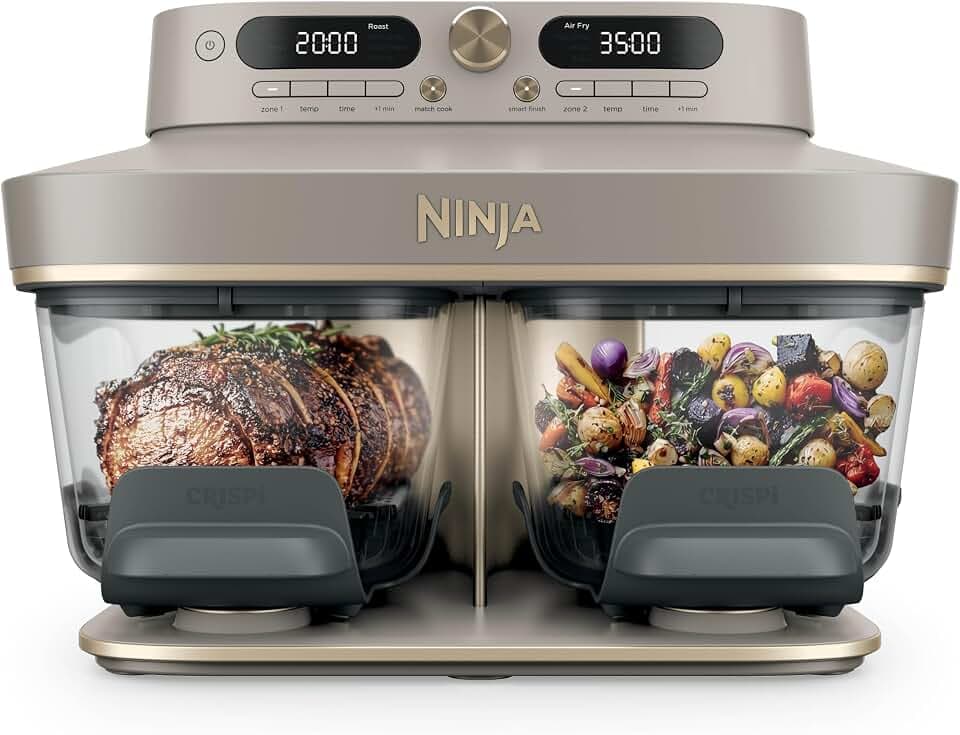 Ninja CRISPi DualZone Glas Air Fryer, Heißluftfritteuse mit 2 Körben, 8 Funktionen, zwei Gerichte gleichzeitig zubereiten, PFAS-freie Glasbehälter, Stein Gold DD103EUSD1