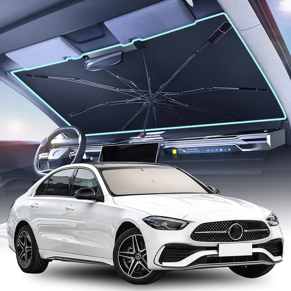 [2026 Upgrade] Coverado Windshield Sun Shade, UPF80+ Sunshade for Car Windshield Blocks Heat & UV Rays, Thickened Vinyl Coating Keep Cool Protect Interior, M 57”x32” for Sedans/SUVs