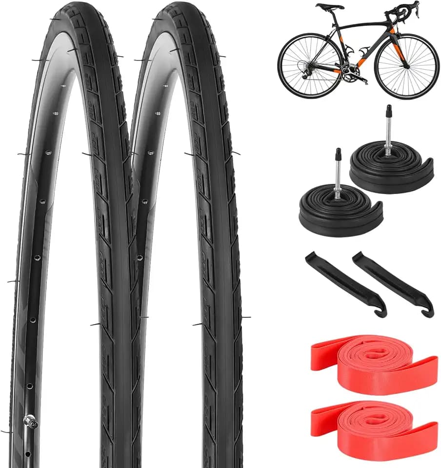yeesport 700 x 25c Rennrad-Reifen, 2 Stück, faltbare 700 x 25c Reifen & 700 x 25c-28c Fahrradschläuche, Presta-Ventil, 48 mm, Reifenersatz mit Felgenstreifen für städtische ländliche Asphaltbeton