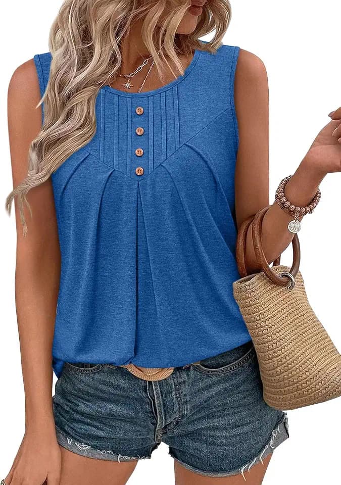 CRAZY GRID Women Summer Tank Tops Round Neck Sleeveless Folded Front Tunic Casual Outfit 2026 Basic Loose Shirts
