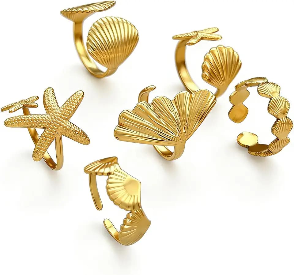 6PCS Chunky Gold Starfish Shell Rings for Women Trendy Dainty Summer Beach Stackable Stainless Steel Ring Surfer Fashion Statement Beachy Boho Jewelry Gifts