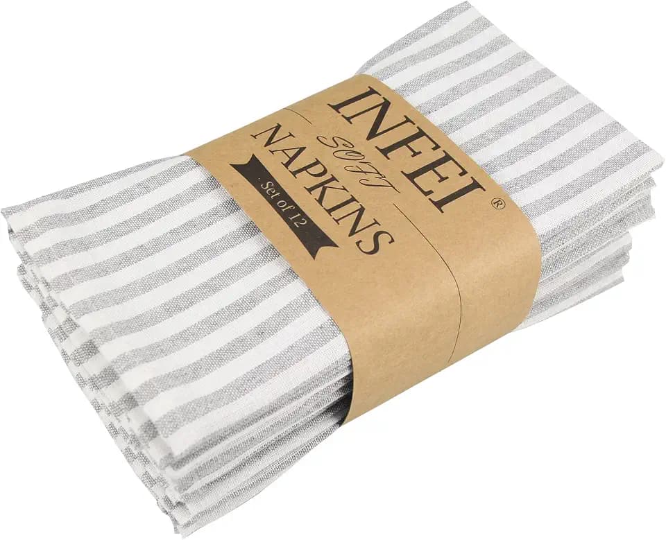 Plain Striped Cotton Linen Blended Dinner Cloth Napkins - Set of 12 (17 x 17 inches) - for Events & Home Use (Grey)