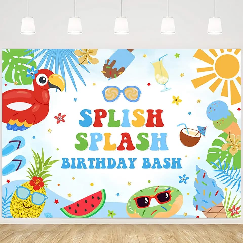 MEHOFOND 7x5ft Splish Splash Birthday Backdrop,Tropical Pool Party Background for Boys Summer Water Splash Birthday Decorations Photo Booth Banner