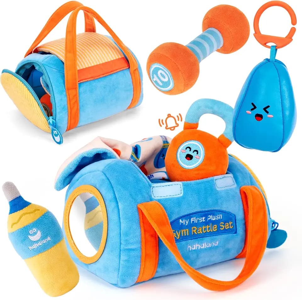 hahaland Baby Toys 6-12 Months - Baby Toys 3-6 Months Montessori Toy for 6 Month Old, Sensory Toy for Babies Workout Weights Dumbbell Toy Set with Soft Rattles Mirror, Easter Gifts for Baby