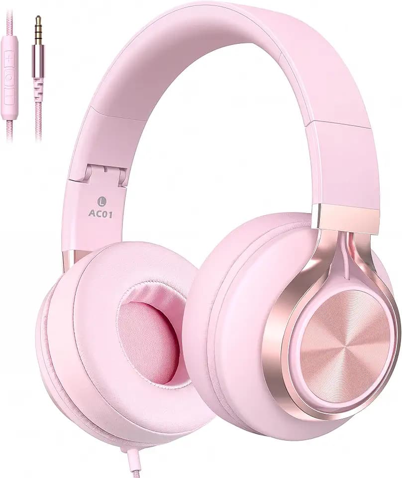 Wired Over-Ear Headphones Pink with Mic for School Work, 3.5mm Jack