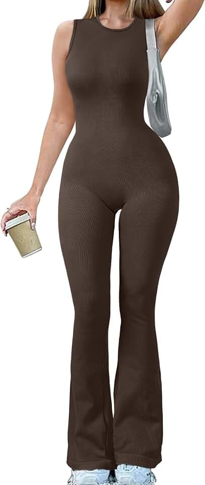 OQQ Women Yoga Crew Neck Sleeveless Bell Bottoms Flare Jumpsuits