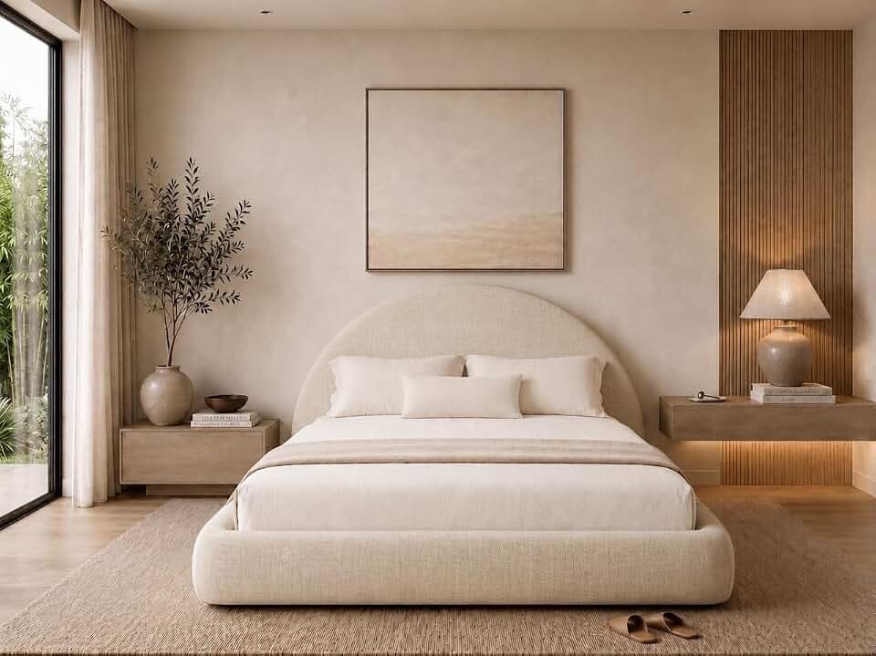 Round Bed – Washable Zip Cover - Upholstered Linen Premium Soft Foam - Modular Minimalist Modern - Half Circle Moon - Sold Sold Separately (Cream Linen Premium, Queen Headboard)