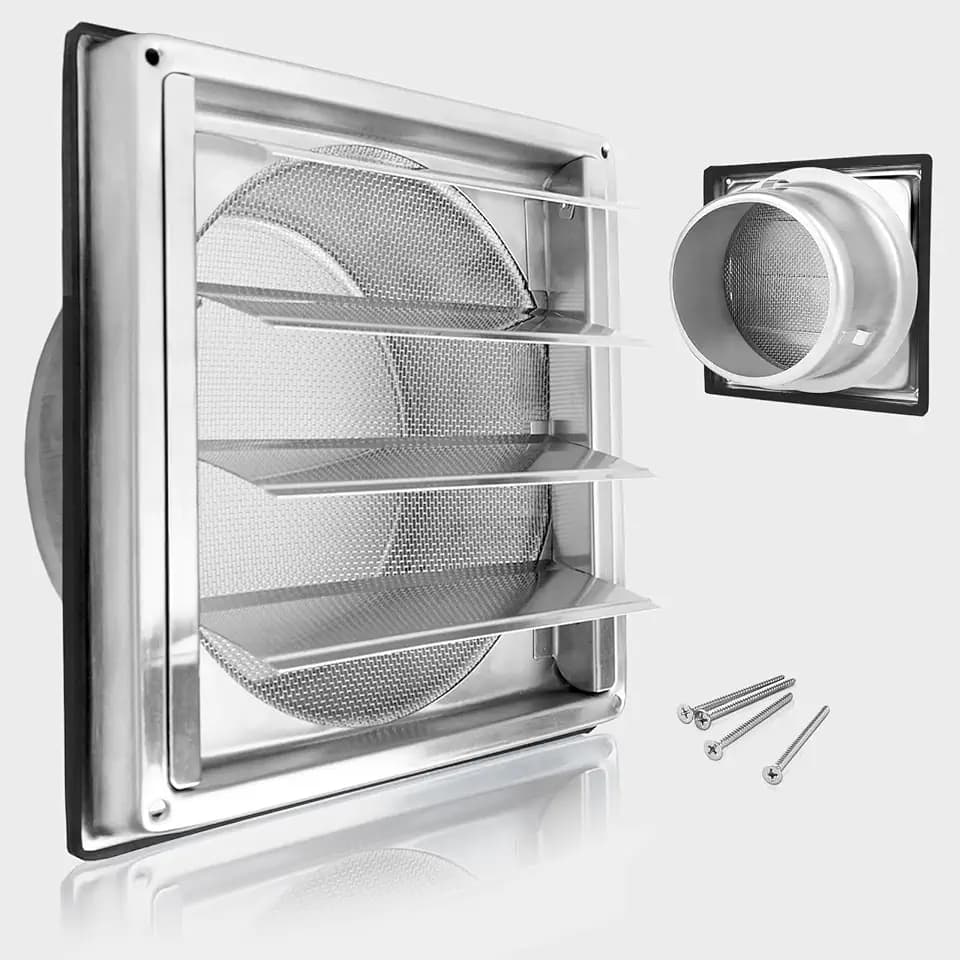 100mm Edelstahl Lüftungsgitter, mit Insektenschutzgitter und Beweglichen Lamellen, Optimal Für Die Außenwandmontage Von Lüftungsanlagen Und Dunstabzugshauben Mit Kautschuk-Dichtung&Schrauben
