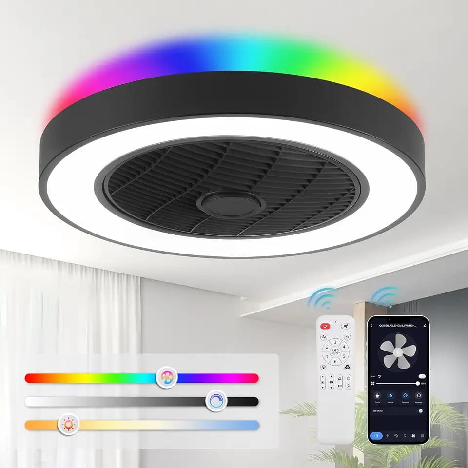 LEDIARY 20 Inch Low Profile Bladeless LED Ceiling Fan Light, Black RGB