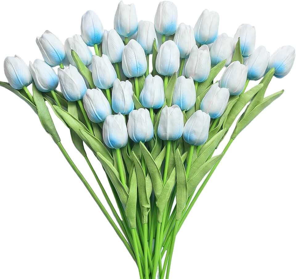 30 PCS Artificial Tulips Real Touch Tulips 13.5inch Long Stem Fake Flowers Silk Flowers for Spring Easter Mother's Day Decorations(White+Light Blue)