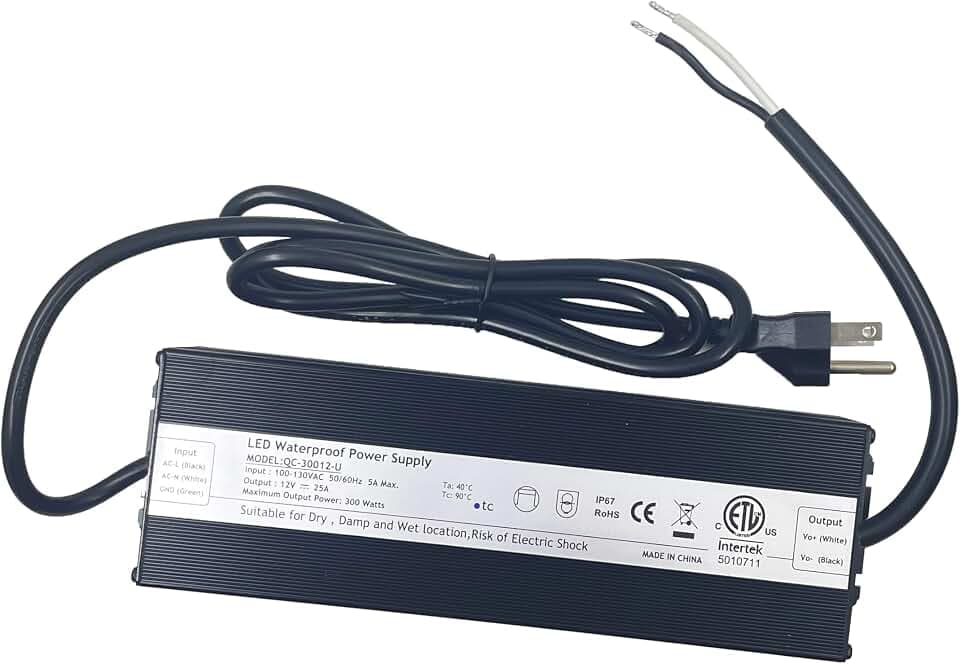 300W 12V 25A LED Driver ETL Listed Transformer, Waterproof IP65 Power Supply, 100-130V AC to 12V DC Low Voltage Adapter for Outdoor Use (ETL12V300W)