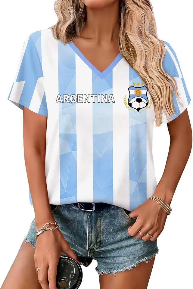 Women's Ladies 2026 Soccer Match Day Cup Short Sleeve Graphic Top T-Shirt Sky Blue and White Albiceleste Argentine A2 M