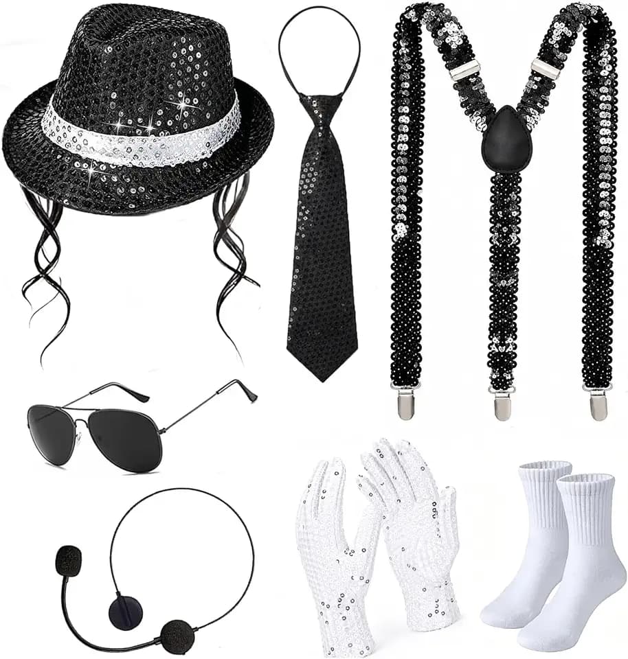 Probeauty Pop Star Costume 70s 80s Disco Rock Super Star Dance Cosplay Accessories - Gloves Hat Sunglasses Tie Sequin Strap Black Fedora Wig Hat + 70s 80s Disco Dance Star Accessories