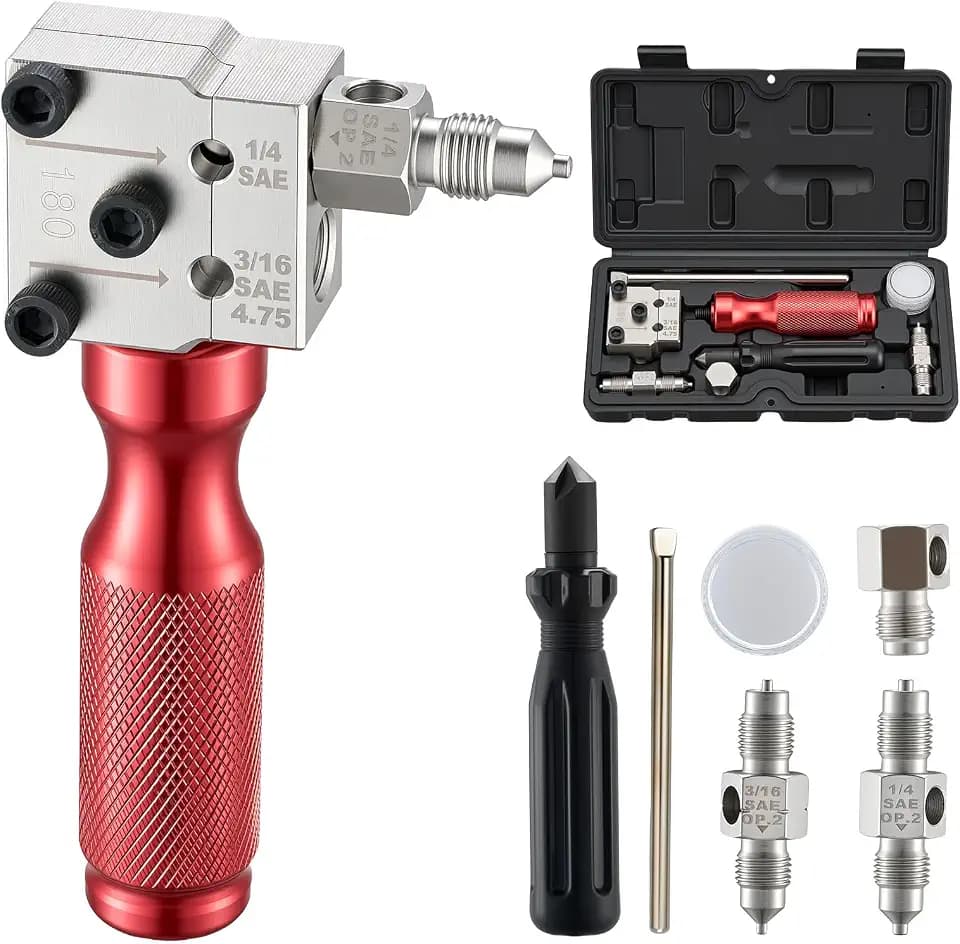 VEVOR Brake Line Flaring Tool Kit, 45° Single & Double Flare Tool for 3/16", 1/4" Copper Tubing - with 2 Forming Dies, Deburring Tool & Toolbox for Automotive Brake Hydraulic Line Repair