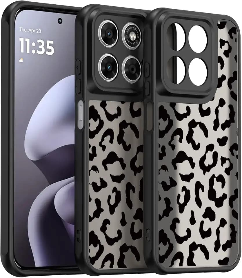 für Motorola Moto G87 / Moto G77 / Moto G67 Hülle, Translucent Matt Handyhülle mit Hübsches Trendiges Aesthetic Leopard Muster, Kratzfeste PC Rückseite + TPU Bumper Schutzhülle – Schwarz