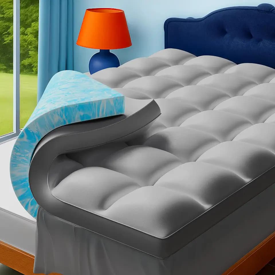 Queen Size Dual Layer 4 Inch Memory Foam Mattress Topper, 2 Inch Cooling Gel Memory Foam and 2 Inch Washable Soft Pillow Top Mattress Pad Cover, 8-24 Inch Deep Pocket, Medium Firm Support
