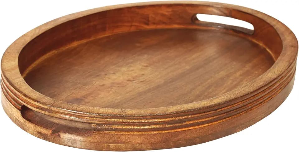 Solid Wood Serving Tray - 16.75 x 12.5 Inch Oval Breakfast Tray