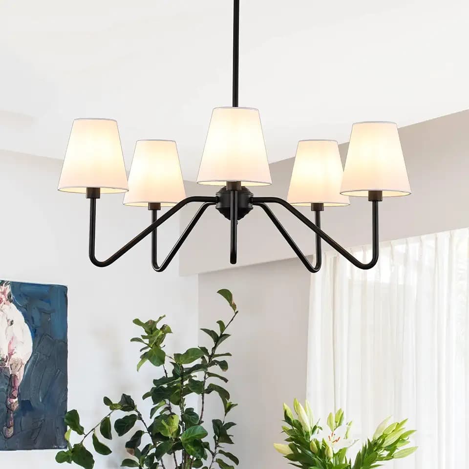 9MMML 30.5" 5 Arms Black Chandelier, 5 Lights Kitchen Island Lighting with White Fabric Shade,Dining Room Light Fixture for Hallway Entryway Foyer Living Room，E12.