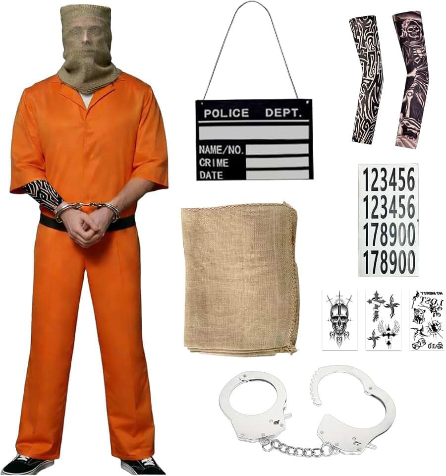 Prisoner Overall Kostüms,Erwachsener Gefängnis Kostüms,Sträfling Kostüm Damen Männer,Verbrecher Overall,Prisoner Costume mit Accessoires,Cosplay-Party und Maskerade,Karneval