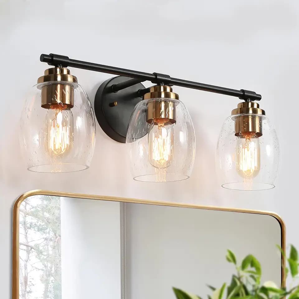 classy leaves Bathroom Vanity Light Fixtures, 3 Light Black Gold Vanity Lights with Seeded Glass Modern Farmhouse Bathroom Wall Sconce Lighting Over Mirror