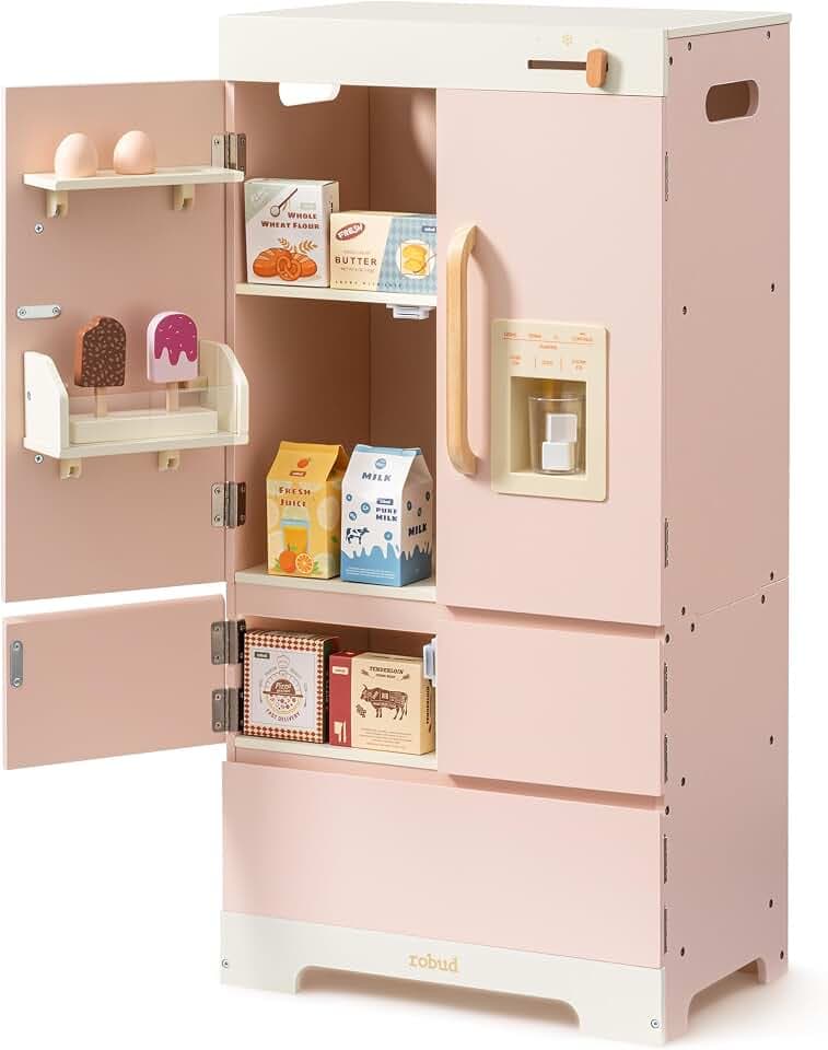 ROBUD Kühlschrank aus Holz - Realistisch und interaktiv mit Eiswürfelbereiter und Lebensmittel-Spielzeug - Geeignet für Kinder ab 3 Jahren - Rosa
