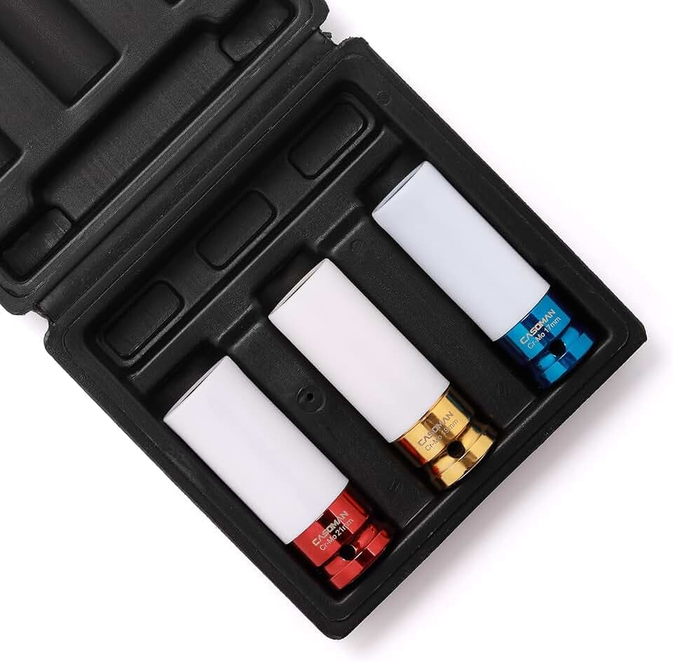 CASOMAN 1/2- Inch Drive Wheel Protector Impact Socket, 1/2" Thin Wall Deep Impact Socket Set Plastic Sleeve Lug Nut, 3 Pieces Set, 6 Point, Metric,CR-MO,17mm,19mm,21mm