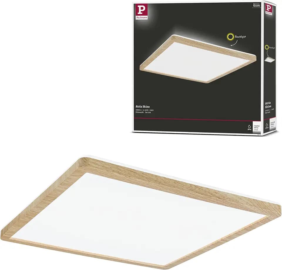 Paulmann 71030 LED Panel Atria Shine Deckenleuchte mit Backlight eckig IP44 16W 1600lm 293x293mm Holzoptik Kunststoff 3000K - Warmweiß Badleuchte