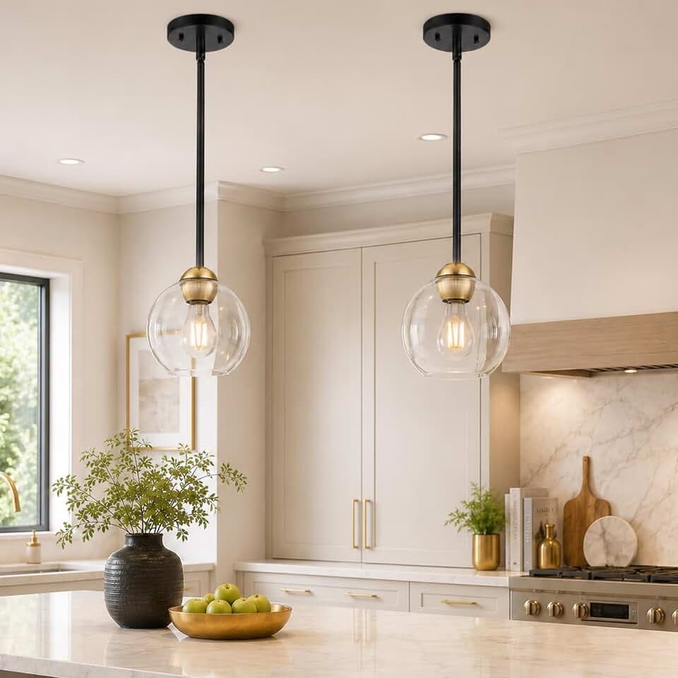 Emak 2 Pack Black and Gold Pendant Light Fixtures, Modern 7 Inch Globe Pendant Lights Kitchen Island with Clear Glass Shade, 1 Light Hanging Lights for Kitchen, Bedroom, Bathroom, PL119-BKBGD-2PK