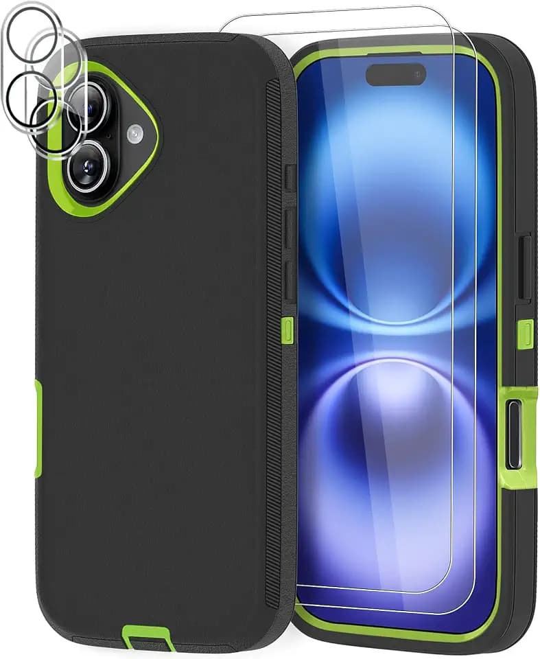 for iPhone 16 Case 6.1" with 2 Camera Lens Protector & 2 Screen Protector, Heavy Duty Military Grade Full Body Protection Phone Cover (Black Green)