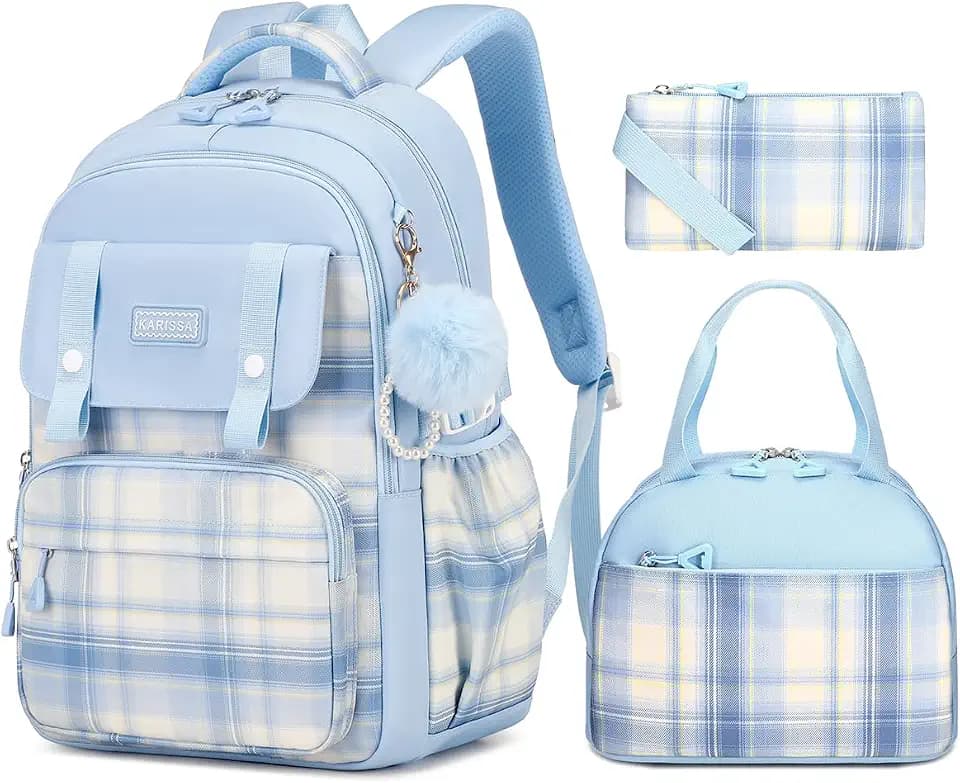 Amythe Girls Backpack with Lunch Box 3Pcs, Waterproof School Bag Set for Teen Elementary Middle School, Multi-Pocket Laptop Bookbag Lightweight, Blue
