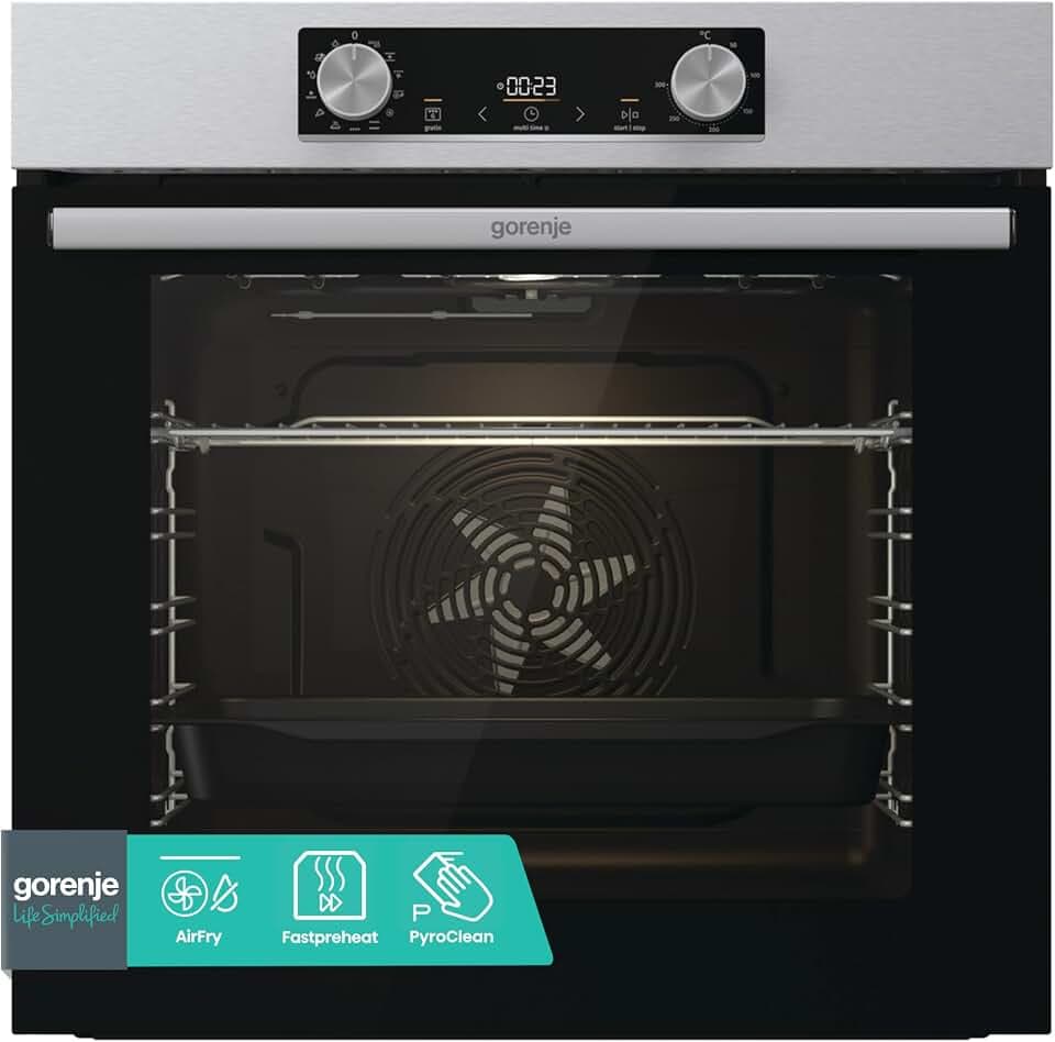 Gorenje BOP6737E02XK Einbaubackofen, 77 Liter, 60CM, Heißluft, EcoClean-Email, Air Fry, Aushängbare Glas-Backofentür, Fast Pre-heat, PyroClean, Abnehmbare Glastür, Max. Ofentemperatur 300 °C