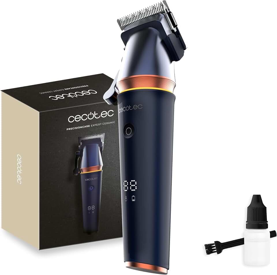 Cecotec Haarschneider PrecisionCare Expert Ceramic. Brushless-Motor, Keramik-Klingen, 120 Min Akku, 5 Hebelstufen 0,8–2 mm, 6 Aufsätze, Display Mit RPM & Akku Für Präzises Schneiden