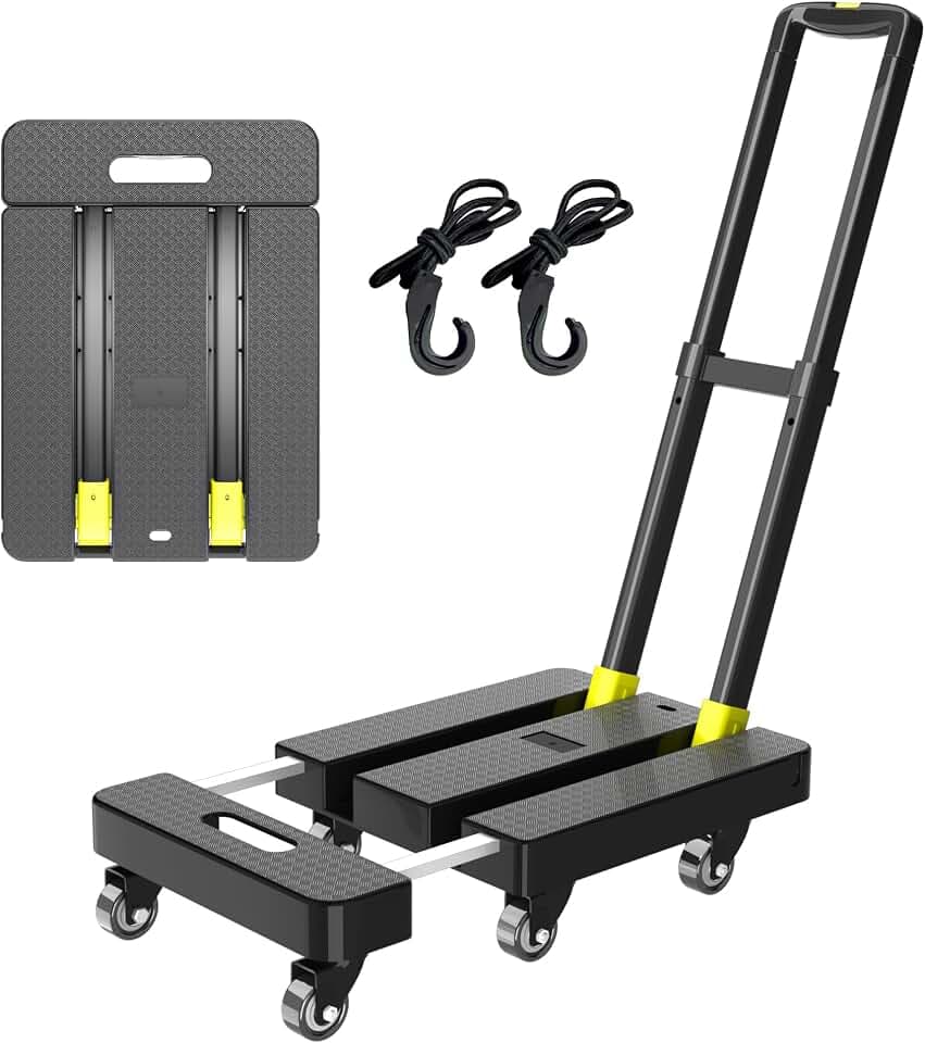Folding Hand Truck, 500 LBS Heavy Duty Foldable Dolly Cart with Wheels, Telescoping Handle & 2 Elastic Ropes, Portable Luggage Cart for Moving, Travel, Home, Black Yellow