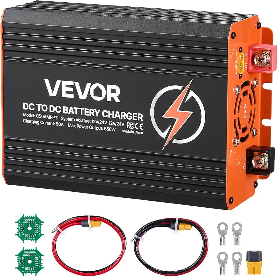 VEVOR DC to DC Charger with MPPT, 650W, 50A On-Board Battery Charger, Solar Panel/Alternator Dual Input, Smart Multi-Stage Charging for LiFePO4 Lead-Acid Batteries, 12V/24V-12V/24V, for RV Home Backup