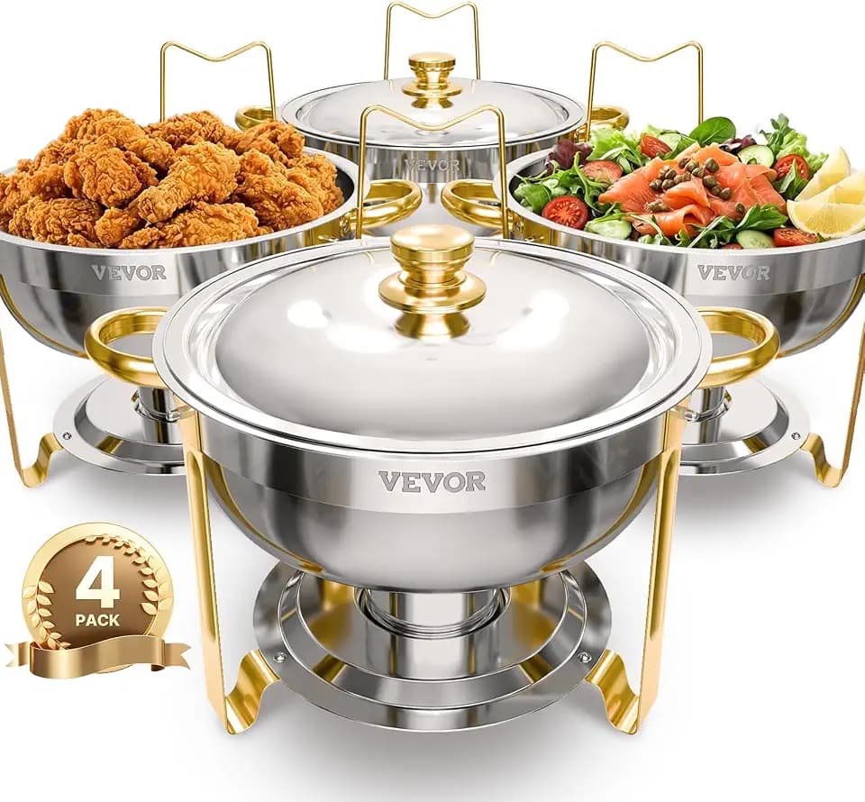 VEVOR Chafing Dish Buffet Speisenwärmer mit 4 Behältern in voller Größe (4,7 L pro), runder Catering-Wärmespender mit Deckel & Wasserpfanne & klappbarer Ständer, für Hochzeiten Partys Golden