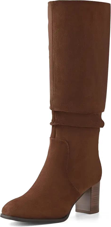 Shoe'N Tale Women’s Knee High Boots Suede Chunky Heel Square Toe Slouchy Long Boots with Side Zipper Comfortable and Stylish Tall Dress Shoes for Daily Wear