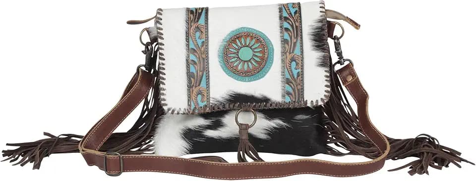Myra Bag Western Style Purse - Fringe Purses for Women with Real Cowhide and Blue Accents, Leather Western Handbags for Women