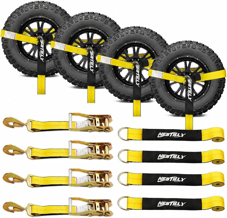 4 Pack Car Tie Down Straps for Trailers, 2'' x 12' Heavy Duty Ratchet Strap with Snap Hooks, 10,000LBS Break Strength Wheel Tire Tie Down Straps for Hauling Car, UTV, SUV, Any Cars,Yellow
