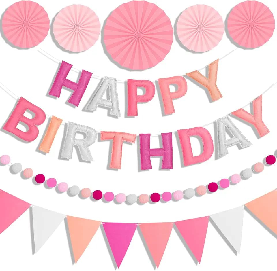 Happy Birthday Girlande Geburtstag Deko aus Filz Rosa, 3D-Effekt
