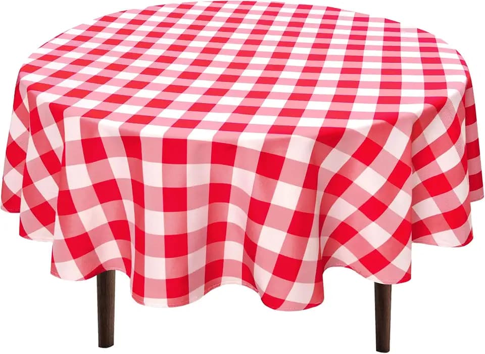Hiasan Checkered Round Tablecloth 70 Inch Waterproof, Red and White