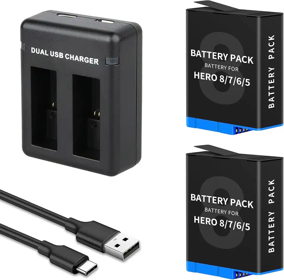 Hero 8/7/6/5 Battery 2 Pack, Dual-Slot Charger for Hero 8, Hero 7/6 Black