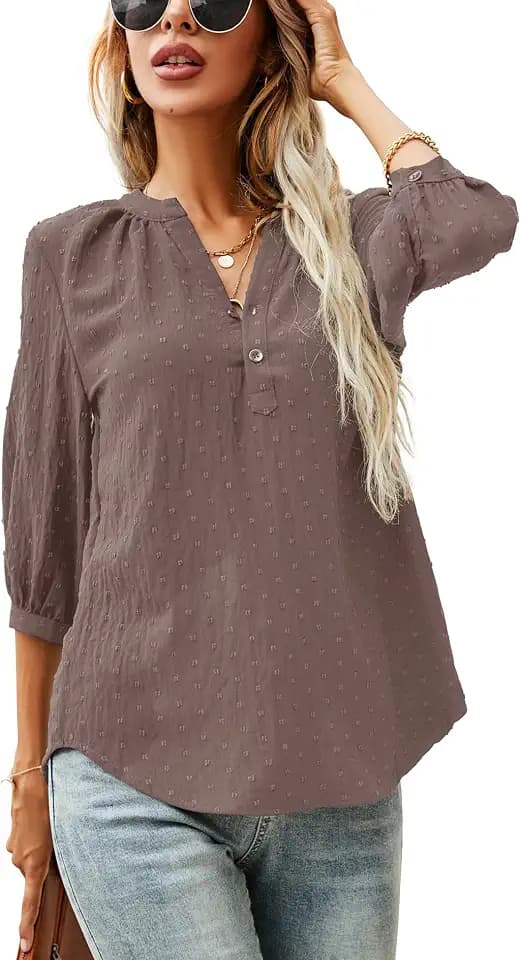 LOMON Women's Casual 3/4 Sleeve Henley V-Neck Button Up Pleated Back Blouses Swiss Dot Blouse Tops T-Shirts S-XXL