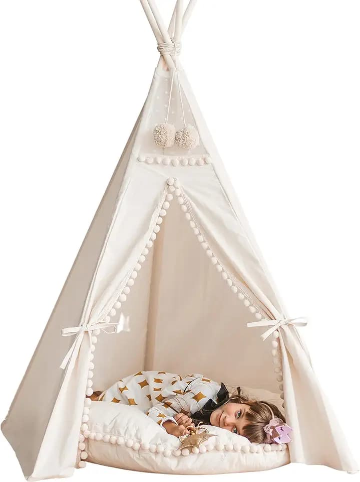 MINICAMP Tipi Zelt für Kinder, Spielzelt Indoor, Bommel-Besatz, Ecru