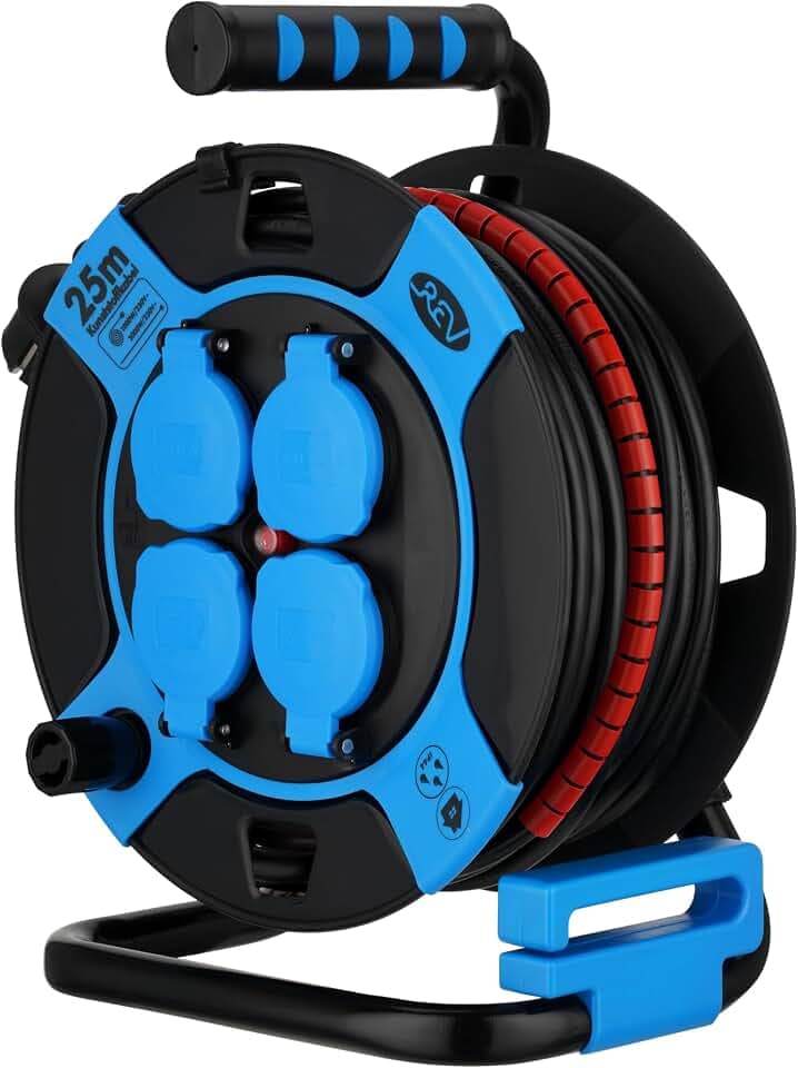 REV Kabeltrommel 25m Outdoor - mit Kabelschutz, 4 Steckdosen, IP44, schwarz