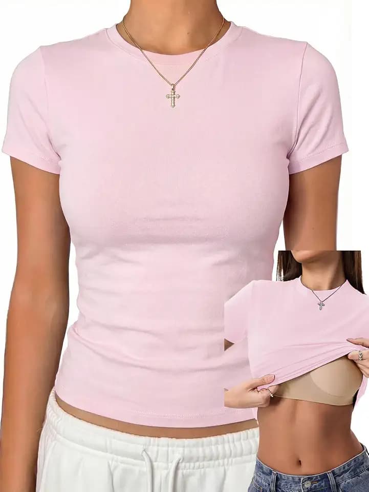 Danysu Womens Tops with Built in Bra Short Sleeve Fitted Crop T Shirt
