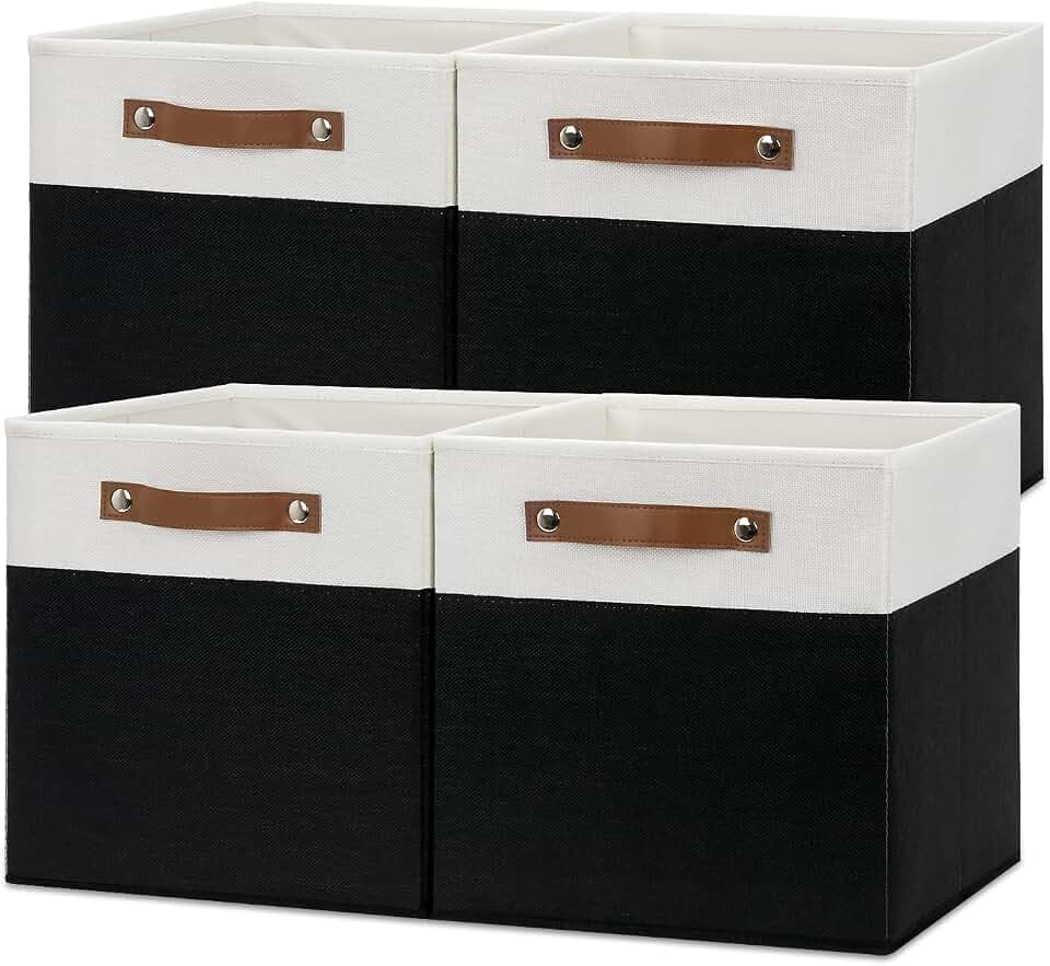 Temary Foldable Storage Cubes Set of 4 - Organizers with Handles, Decorative Storage Boxes for Home, Office (White&Black)